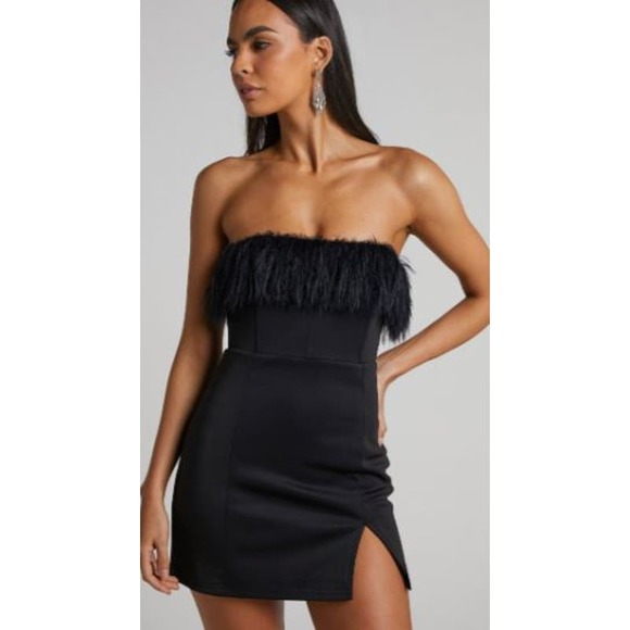 Showpo. Strapless Faux Feather Trim Rhaiza Mini Dress Black Women's Size US 2 - Picture 1 of 7